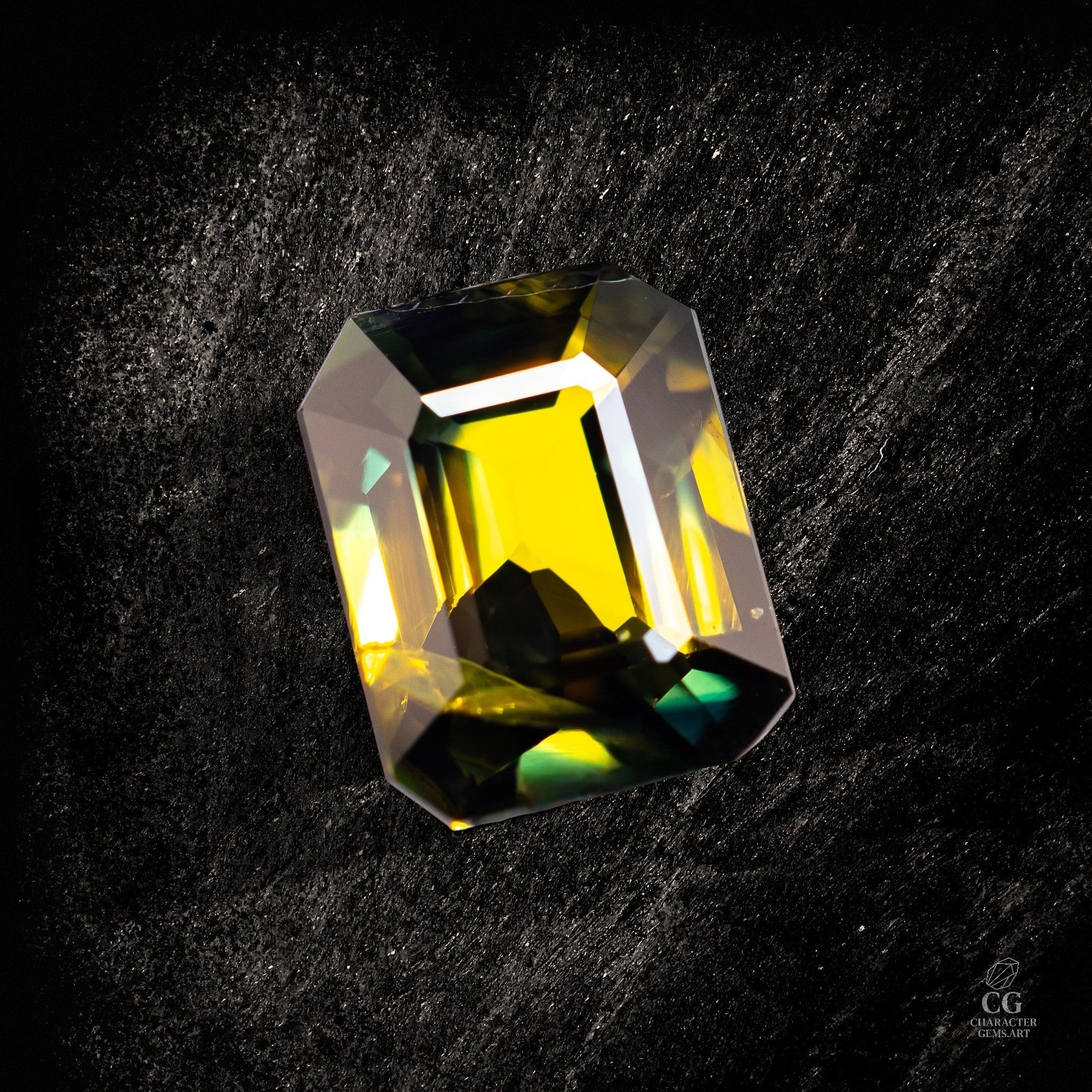 Hochwertiger blauer Saphir von Character Gemstones, 12 Karat, im Solar Bastion Design, detailreiche Ansicht des Edelsteins
